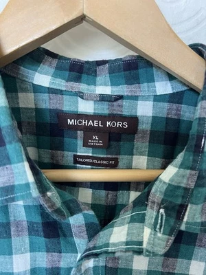 Camisa Michael Kors Mezcla de Lino XL Azul Verde Abotonada Informal Resort Top Foto 1 de 4