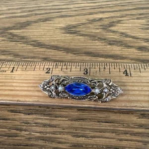 Vintage Cabochon Cut Sapphire Blue & Pearls Broach ~ 1.75" x .5" - Picture 1 of 5