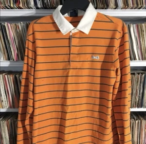 Rare Distressed Vtg Le Tigre Rugby Shirt Navy Blue Orange Thin Stripes Auburn UF - Picture 1 of 7