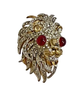 Vintage 60er Anne Klein Löwenkopf Brosche/Anstecknadel Strass rote Augen selten gemarkt - Bild 1 von 6