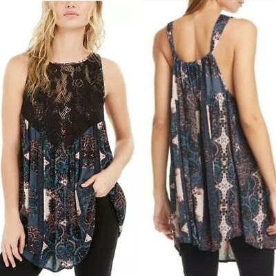 Free People Womens XS Count Me In Trapeze Lace Paisley Mini Dress Tunic Black XS - Image 1 of 4