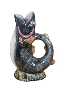 Antik 19. Jahrhundert Majolika Porzellan Gurgeln Gluggle Fisch Krug Krug 11" - Bild 1 von 11