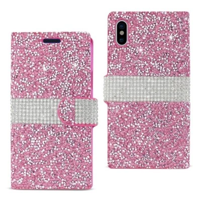 For iPhone X Case Wallet Shiny Bling Rhinestone Cover with Card Pocket Pink - Image 1 of 4