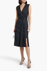 NUEVO CON ETIQUETAS.Vestido Carolina Herrera Doble Pecho Rayas Mezcla Lana Sarga Talla 12 AZUL - Imagen 1 de 13