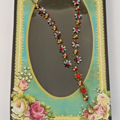 Michal Negrin Necklace Colorful Red Crystals Flowers New Y-Drop Cocktail Gift - Image 1 of 4
