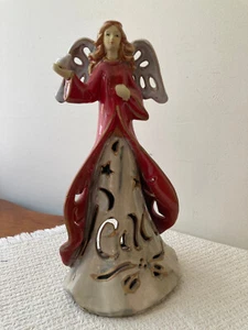 Stoneware Ceramic Peace Angel w Dove Tea Light Candle Holder Red Beige 11" Tall - Picture 1 of 12
