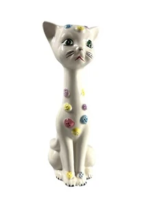 Vintage Long Neck Cat Pottery Figurine With Pastel Floral Accents - Picture 1 of 7
