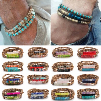 Pulsera de coco apilable 3 piezas para hombre pulsera de surfista con cuentas para hombre Foto 1 de 4
