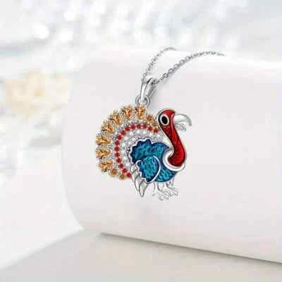 Cute Rhinestone Turkey Pendant Necklace Thanksgiving Holiday Silver Toned New - Image 1 of 2