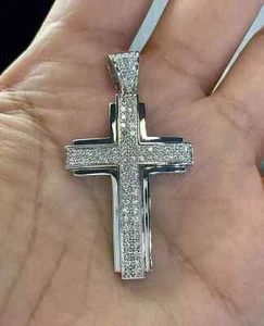 3Ct Round Cut Lab Created Diamond Mens Cross Charm Pendant 14K White Gold Finish - Picture 1 of 4