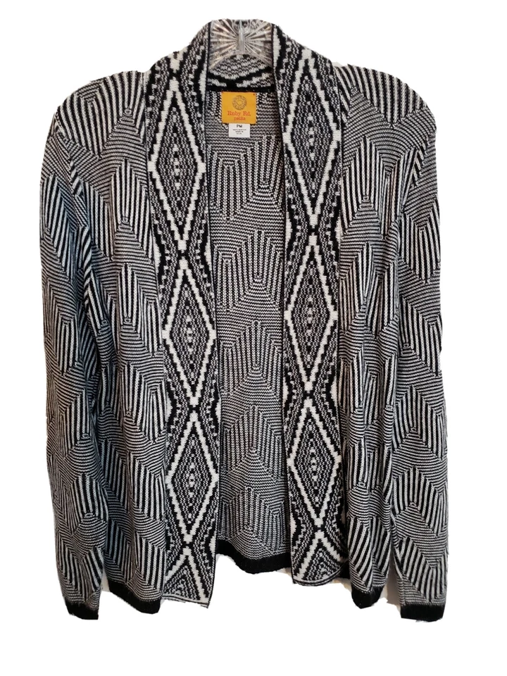  Women's Cardigan-Size PM -RUBY RD. Sweater Black & White Striped Print  - Image 1 of 4