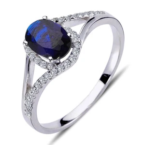 Anello zaffiro ovale diamante Halo oro bianco 14 carati - Foto 1 di 5