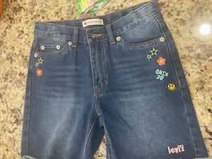 Levis Low Pitch Midi Shorts Girls 10 Reg Mid Rise Adj Waistband Daisy Embroidery - Picture 1 of 1