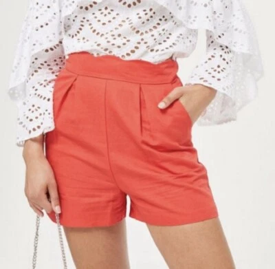 Pantalones Cortos Para Mujer Topshop Rojo Alto Plisado Lino Festoneado Talla: 4 Nuevos Sin Etiquetas Foto 1 de 4