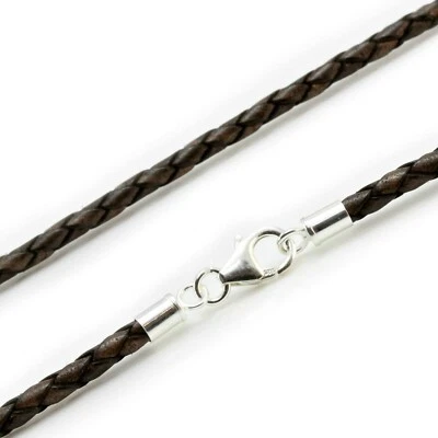 Collar de cuero real - Cierre de plata de ley - Cordón marrón antiguo trenzado de 3 mm Foto 1 de 3