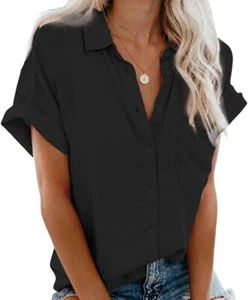 Women's Summer Spread Collar Short Sleeve Button Down Loose Fit Blouse Shirt BkL - Picture 1 of 7