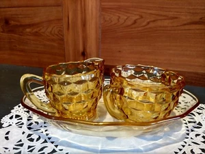 VINTAGE AMBER JEANETTTE CUBE OPEN SUGAR/CREAMER WITH SERVING TRAY/DISH - Picture 1 of 10