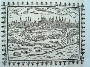 Worms am Rhein schöner Holzschnitt von Saur auf der vollen Seite sehr alt 1593 - Bild 1 von 1