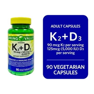Spring Valley Vitamin K2 (90mcg) + D3 (125mcg) Vegetarian Capsules, 90 Count - Picture 1 of 5