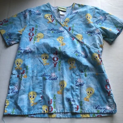 Tweety Bird Joy To The World Scrub Uniform Top Christmas M A1016 - Image 1 of 4