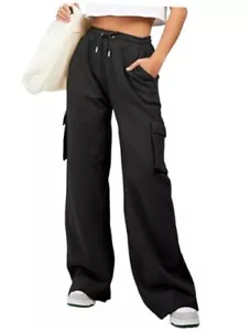Women High Waisted Drawstring Wide Leg Cargo Pants 2025 Trendy Medium Black - Picture 1 of 6