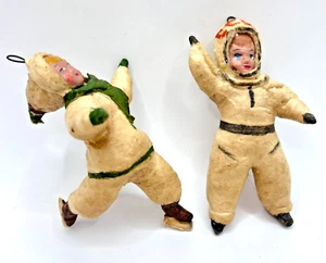 1955 Handmade Paper Mache Dolls 2 Cosmonaut Skater Christmas Antique Soviet Toy - Picture 1 of 8
