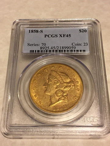 1858-S XF45 PCGS Liberty Double Eagle $20 Gold Coin very nice appeal eyeclean Cover