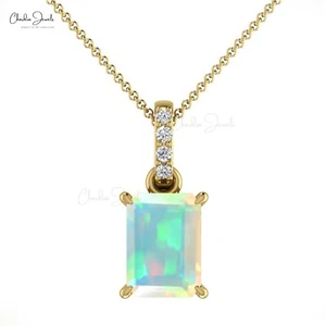 7x5mm Emerald Cut Opal & Diamond Pendant 14k Solid Gold Classic Women’s Jewelry - Picture 1 of 22