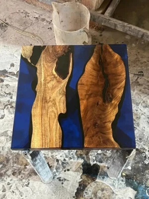 Blue Epoxy Resin Top Coffee Table Handmade Natural Wooden Home Decor Furniture Foto 1 de 4