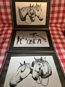 3x Vintage geätzte Edelstahl PFERD Bilder gerahmt grüner Hintergrund 10x13" - Bild 1 von 24