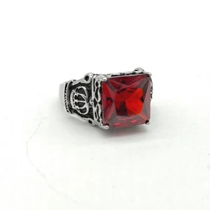 Stainless Steel Mens Ring with Large Red Square Stone, Crown Detail - Size 11 - Picture 1 of 7