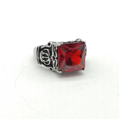 Stainless Steel Mens Ring with Large Red Square Stone, Crown Detail - Size 11 - Image 1 of 4