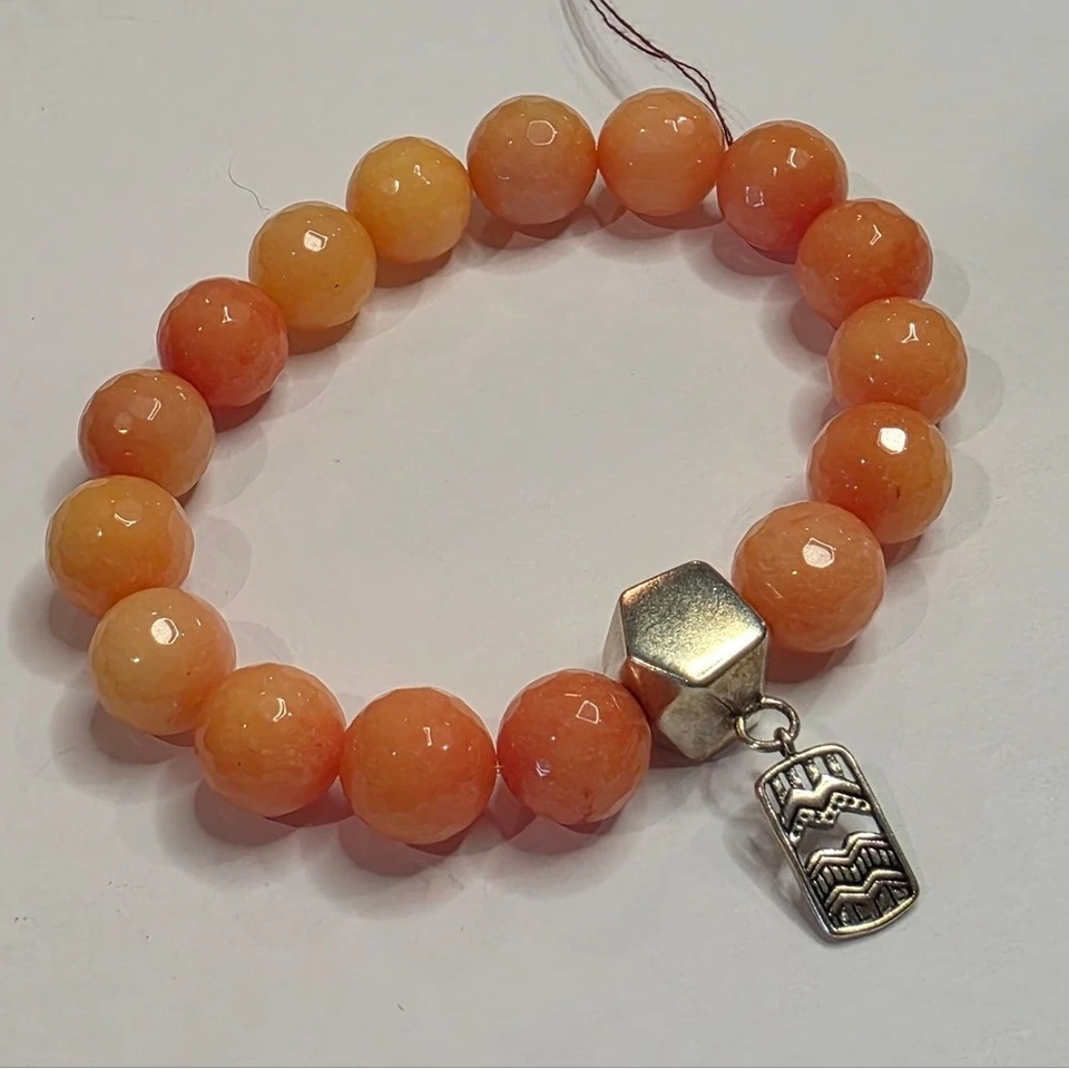Silpada Orange Jade Beaded Stretch Bracelet Hexagon Charm Silver Tone Women - Image 1 of 4