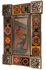 Mexikanische Volkskunst gestanzter Zinnspiegel bunte Talavera Fliesen Wanddekor 8,5 x 12,75 - Bild 1 von 13