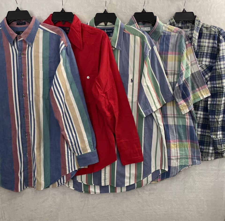 男式复古纽扣衬衫套装 5 多色几何 L 棉 70-90 年代领 — 第 1/4 张图片