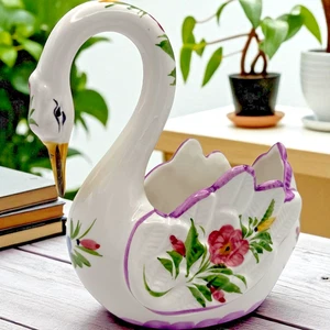 Portugal Schwan Pflanzgefäß RCCL Floral handbemalt signiert 592 CL 6,5" hoch Vintage - Bild 1 von 19