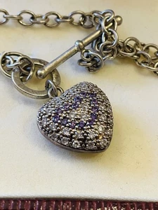 STERLING SILVER CURB CHAIN GEM SET HEART PENDANT T-BAR Bracelet  - Picture 1 of 4