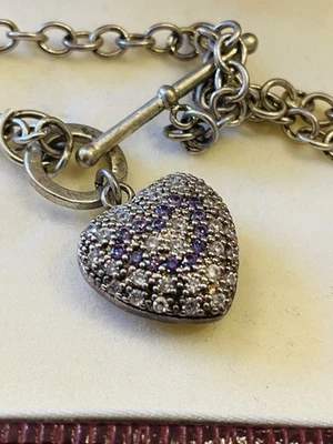 STERLING SILVER CURB CHAIN GEM SET HEART PENDANT T-BAR Bracelet  - Image 1 of 4