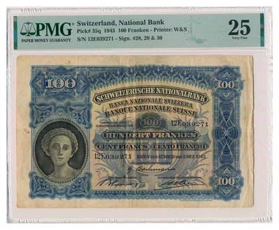 SWITZERLAND banknote 100 Franken 1943 PMG VF 25 Very Fine - Image 1 of 2