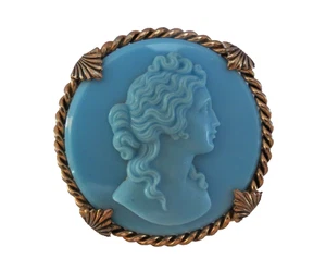 Vintage blaue Glaskamee Hochrelief BROSCHE Sammlerstück runde Form 2 1/8" quer - Bild 1 von 5