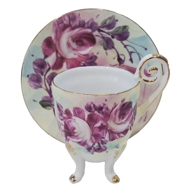 Hermosa taza y platillo vintage pintadas a mano rosas rosas demitasse mango ornamentado Foto 1 de 4