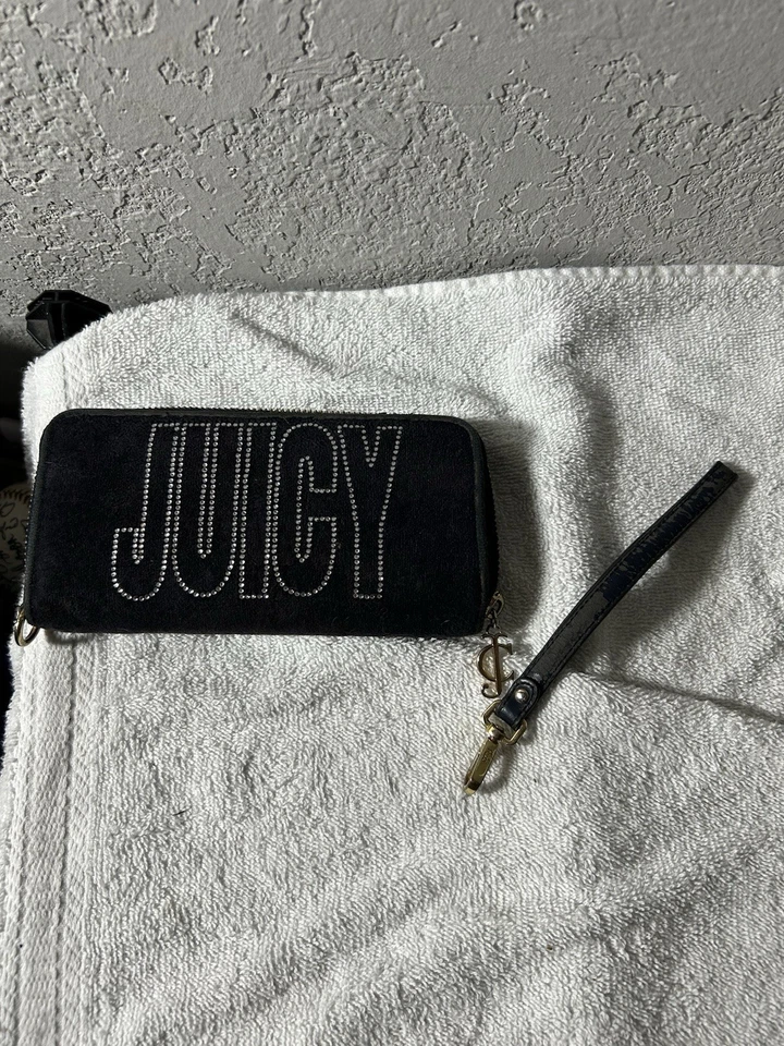 RareY2k Juicy Couture Black Velour Wallet Wristlet with Rhinestone  “JUICY” Logo - Image 1 of 4