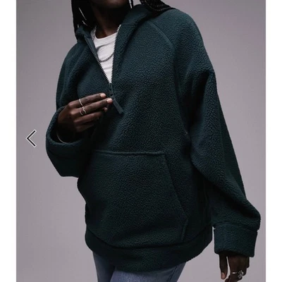 Topshop Borg Cuarto Cremallera Polar Sudadera con Capucha Manga Larga Bolsa Bolsillo Suéter Pequeño Foto 1 de 4