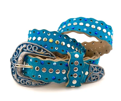 Винтажный кожаный западный ремень женщин S со стразами запонки ковбой бирюзовый синий замши - Изображение 1 из 4