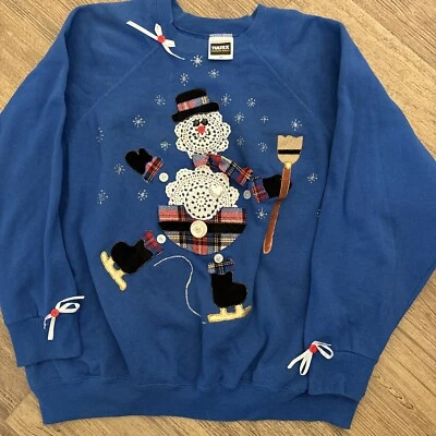 Suéter Feo Navidad Vintage Hecho a Mano Tultex, Botones Arcos Tapetes, Pintura Leer Foto 1 de 4