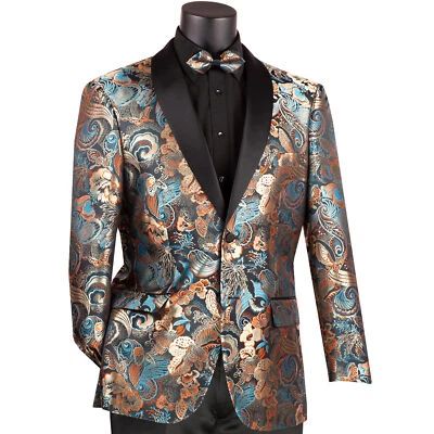 Chaqueta de Esmoquin VINCI Para Hombre Verde Azulado Metálico Floral Ajuste Moderno Chal-Cuello - NUEVA Foto 1 de 3