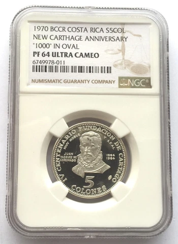 Costa Rica 1970 Juan Vazquez 5 Colones NGC Silver Coin,Proof Cover