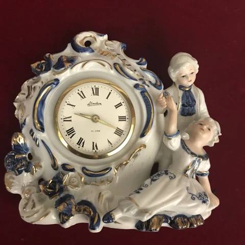 Vintage LINDEN Genuin White Blue Golden Porcelain China Quartz Alarm Clock JAPAN Cover