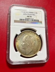 1943D NETHERLANDS SILVER 2.5 GULDEN WITH PALM TREE NGC AU 55 BEAUTIFUL COIN - Picture 1 of 2