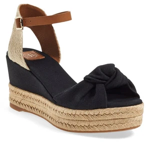 NUEVO TORY BURCH Arco Anudado Cuña Alpargata Plataforma Sandalia 9.5 Negro/Real Bronceado - Imagen 1 de 12